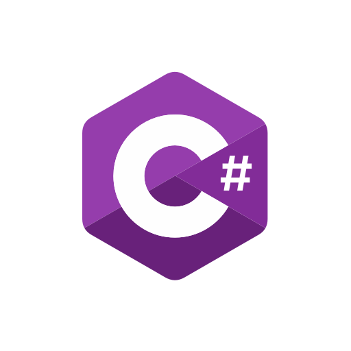 C# programming language logo on a purple hexagonal background
