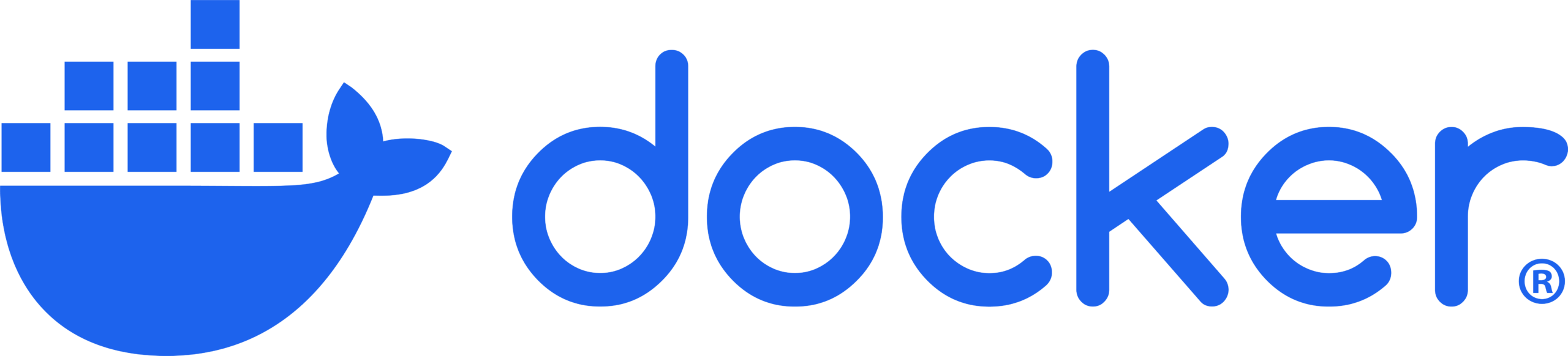 Docker logo: blue whale with a cargo-like stack on its back and the word Docker in blue text to the right.