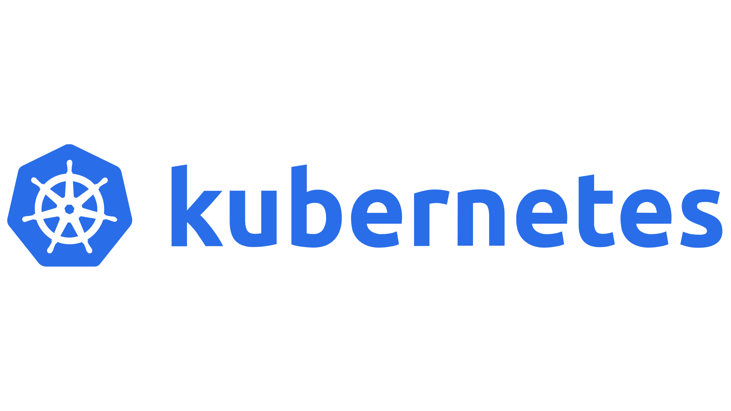 Kubernetes logo: blue hexagon with a white ship wheel icon beside the word 'Kubernetes' in blue text