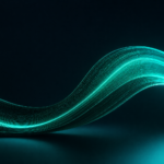 An abstract ultra-minimalist 3D render of a single flowing - Hut Eight Abstract teal light waves flow across a dark background, suggesting technology and motion.