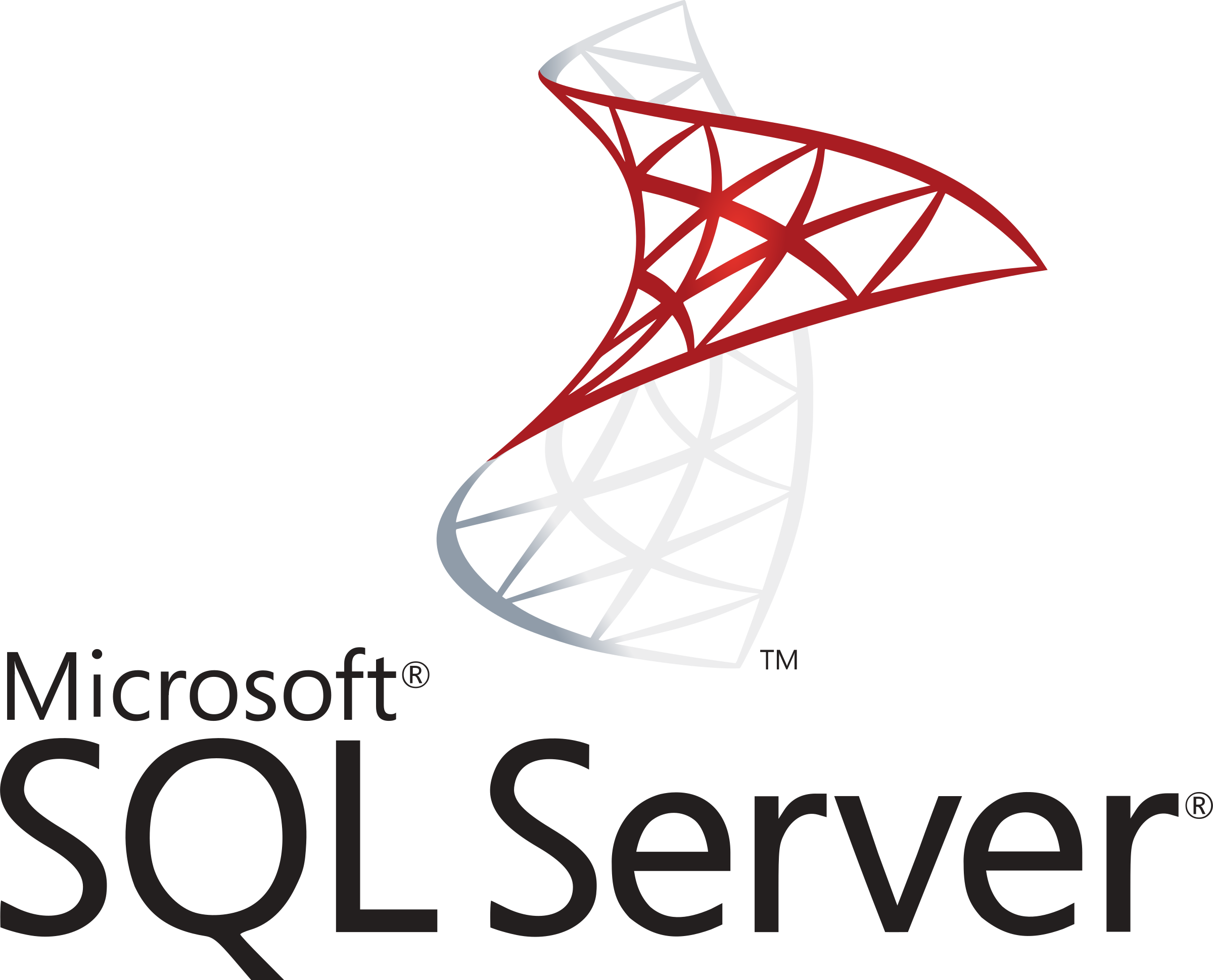 Microsoft SQL Server logo with a red lattice emblem on a black background.