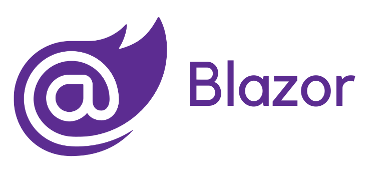 Blazor logo: purple flame with an @ symbol and the word Blazor.