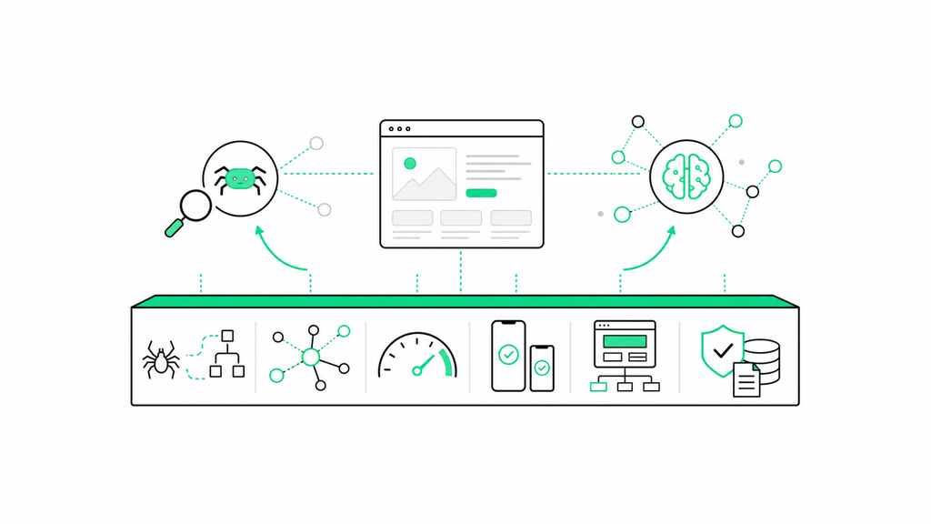 Crawling-Indexing - Hut Eight Website architecture showing how technical SEO, crawlability, performance, accessibility and security support AI search visibility.