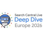 - Hut Eight Logo for Search Central Live: Deep Dive Europe 2026, featuring a blue circular badge with a robot head and colorful surrounding dots, plus text.