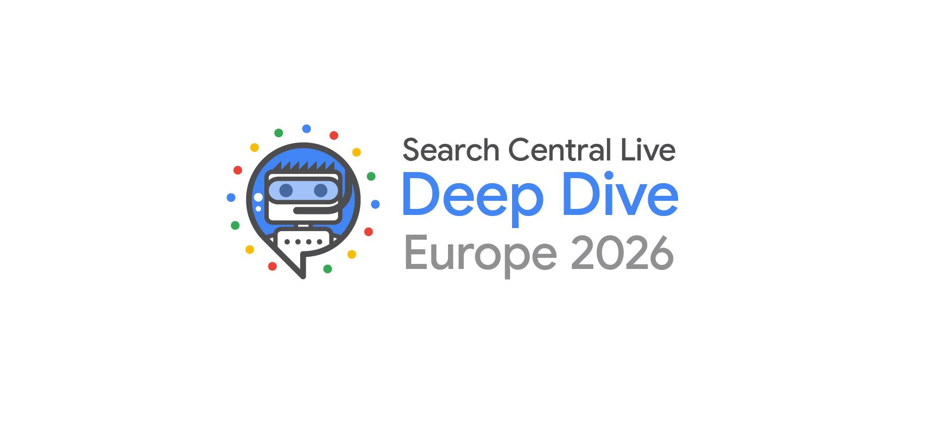 - Hut Eight Logo for Search Central Live: Deep Dive Europe 2026, featuring a blue circular badge with a robot head and colorful surrounding dots, plus text.