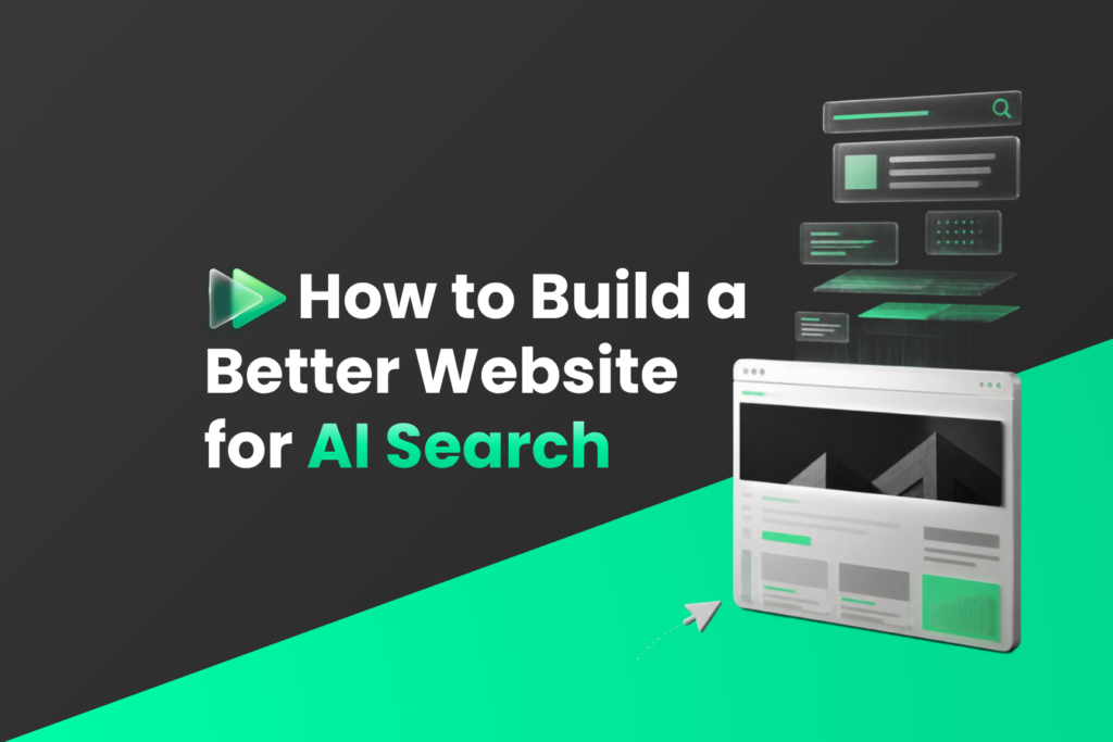 - Hut Eight Hero banner with dark gradient background and green diagonal accent, displaying the title “How to Build a Better Website for AI Search” in white and teal typography.